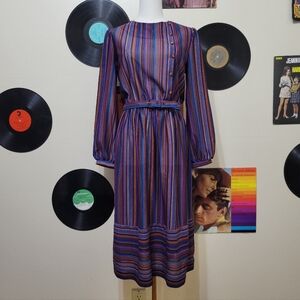 Happenings | 70s Vintage Multicolor Striped Belted Dress